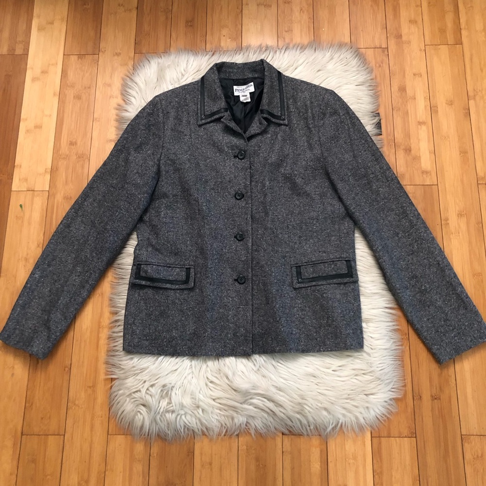 Pendleton Lambswool Silk Leather Trim Heather Gray Button Up Blazer Jacket 14